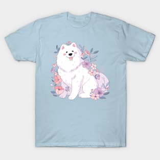 Cute samoyed dog with pastel flowers art T-Shirt